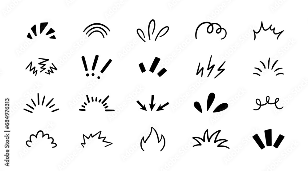 Doodle manga comic expression elements. Hand drawn shine sunburst ray. Doodle cartoon sparkle signs. Emotion effect design element. Sketch burst icon. Vector illustration isolated on white background.
