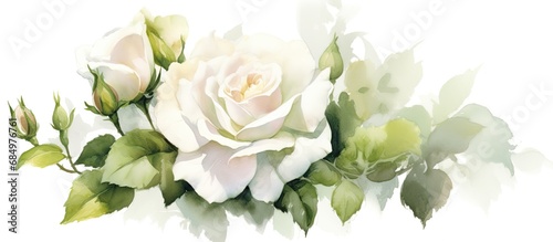 The vintage watercolor illustration of a white rose embodies the beauty of nature, adding a touch of elegance to an isolated summer wedding, where love blossoms like a delicate flower in a floral #684976761
