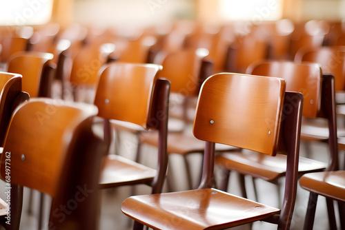 selective soft and blur focus.old wooden row lecture chairs in classroom in poor school.study room without student.concept for education. generative ai. © mfz