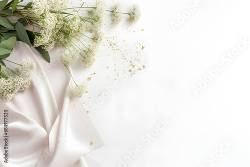 Styled stock photo. Feminine wedding desktop mockup with baby's breath Gypsophila flowers, dry green eucalyptus leaves, satin ribbon and white background. Empty space. Top view. Pictur. generative ai.