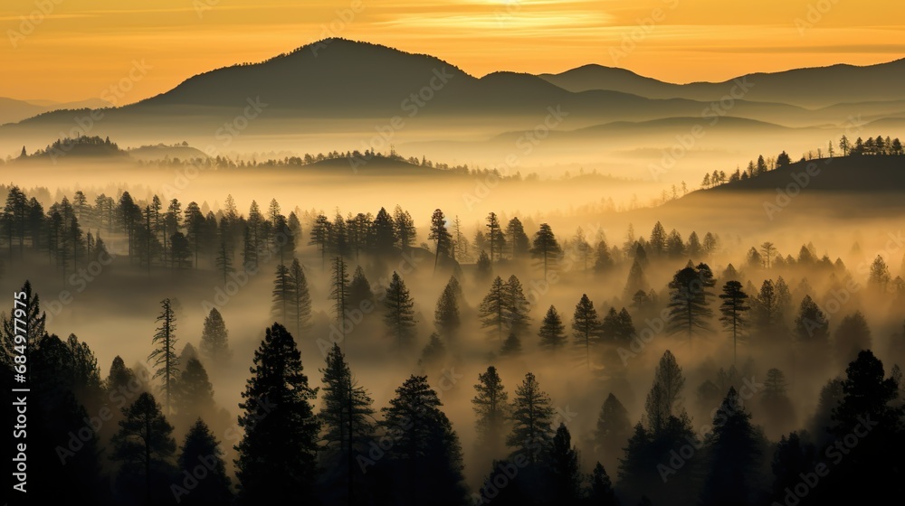 sunrise over a misty forest