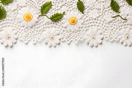 op border with white crochet doilies Top view isolated on white background. generative ai.