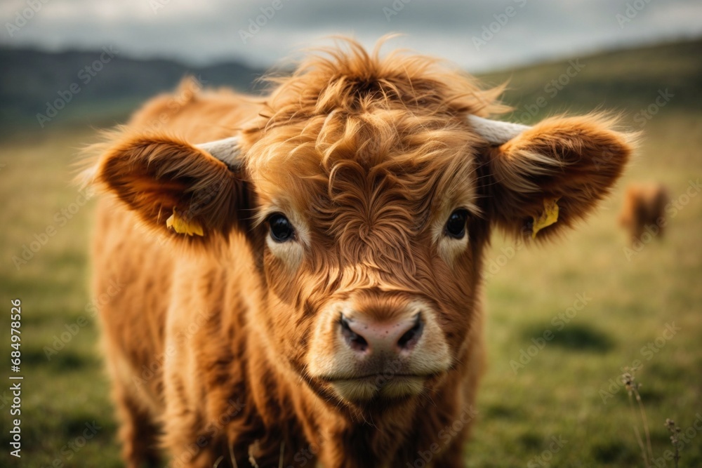 A charming and adorable baby highland cow, autumn color mood, a charming highland cow calf, close up of a calf A charming and adorable baby highland cow, autumn color mood, a charming highland cow calf, close up of a calf