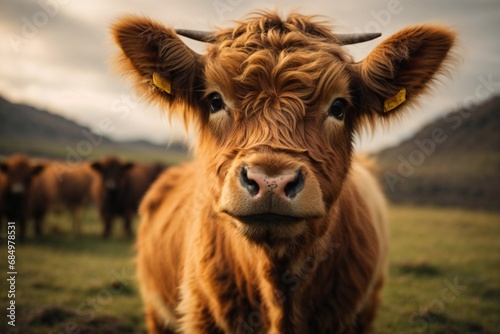 A charming and adorable baby highland cow, autumn color mood, a charming highland cow calf, close up of a calf