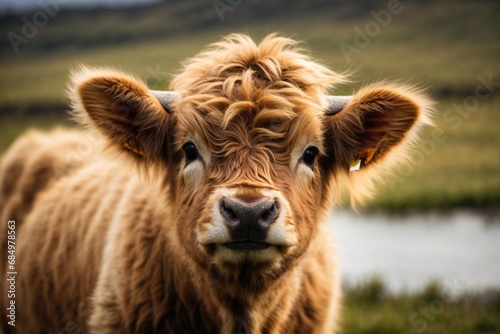 A charming and adorable baby highland cow, autumn color mood, a charming highland cow calf, close up of a calf photo