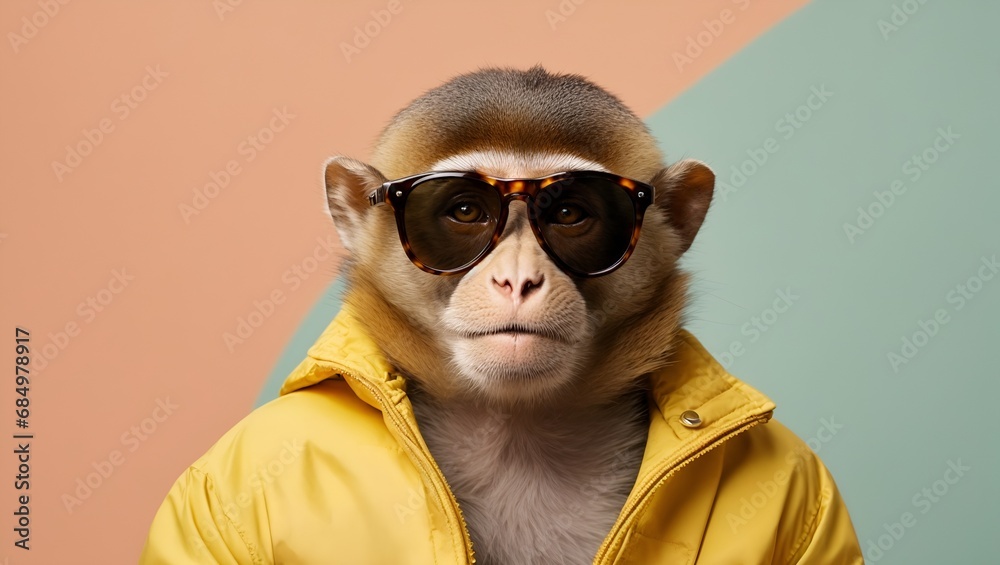 Funny animal concept, capuchin monkey in sunglasses, solid pink pastel background, commercial, editorial advertisement. Very funny portrait