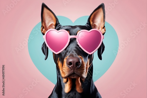 Dobermann cartoon illustration with pink heart shape sunglasses on a blue pastel heart background, very funny illustration, commercial advertisement, award winning pet magazine cover © ArtistiKa
