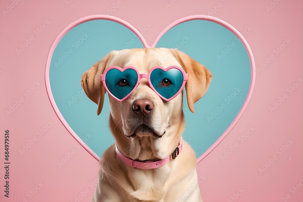 Labrador Retriever dog cartoon illustration with red heart shape sunglasses on a pink background, illustration, commercial advertisement, award winning pet magazine cover	
