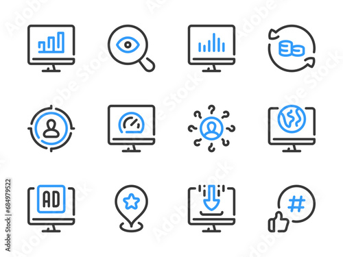 Search Engine Optimization vector line icons. SEO and Business research outline icon set.