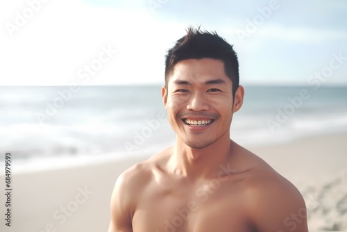 浜辺に立つ筋肉質なアジア人男性