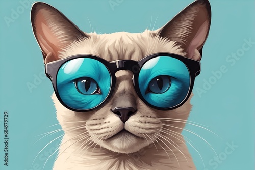 Siamese cat cartoon illustration with blue sunglasses on a blue background, illustration, commercial advertisement, award winning pet magazine cover