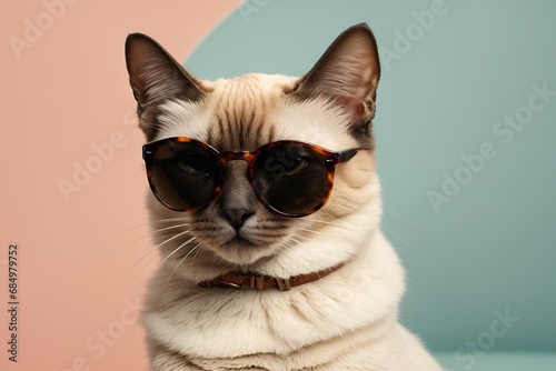 Cool animal concept, Funny Siamese cat in sunglasses, solid pastel background, commercial, editorial advertisement.