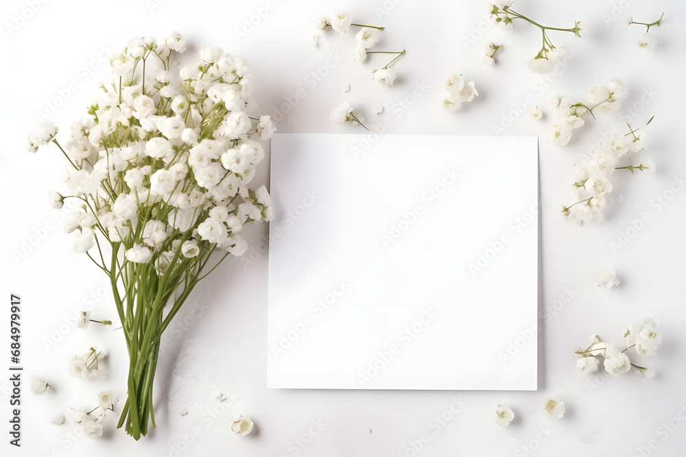 Wedding mockup with white paper list and flowers gypsophila. generative ai.