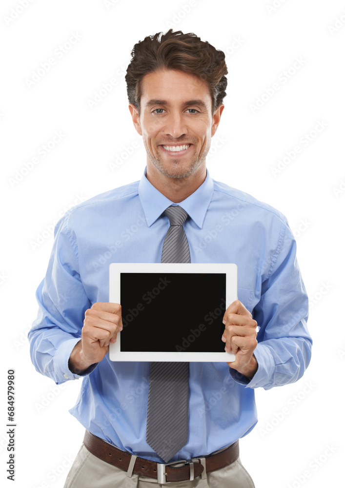 Business man, tablet screen and mockup for job advertising, website information and presentation. Portrait of professional worker with digital technology space isolated on transparent, PNG background Business man, tablet screen and mockup for job advertising, website information and presentation. Portrait of professional worker with digital technology space isolated on transparent, PNG background