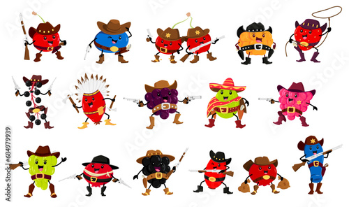 Cartoon berry cowboy, sheriff, ranger and robber characters. Vector funny stockriders and native american birds cherry, grapes and rosehip. Raspberry, barberry, gooseberry or blueberry and cloudberry