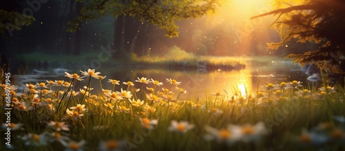 As the sun emerged from the horizon, casting a golden glow over the tranquil meadow, the morning dew glistened on the vibrant flowers, heralding the arrival of spring and the awakening of life in the photo