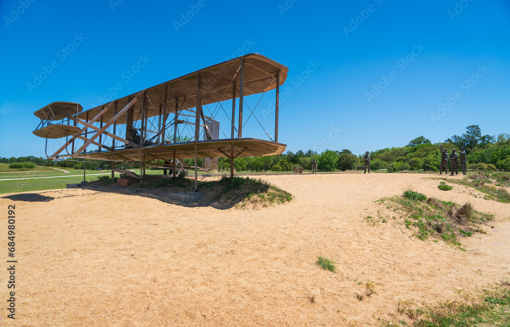 Statues and Monument to the First Flight at Wright Brothers National Memorial in North Carolina