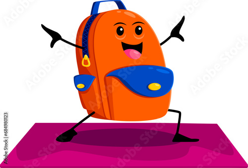 Cartoon school bag character on yoga fitness sport. Isolated vector backpack embarks on zen yoga journey, radiating tranquility with each stretch and pose, making mindfulness and learning an adventure
