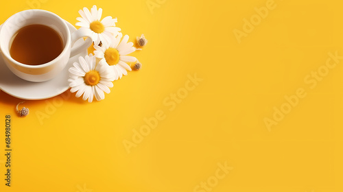 Cup of tasty chamomile tea on yellow background with space for text,PPT background