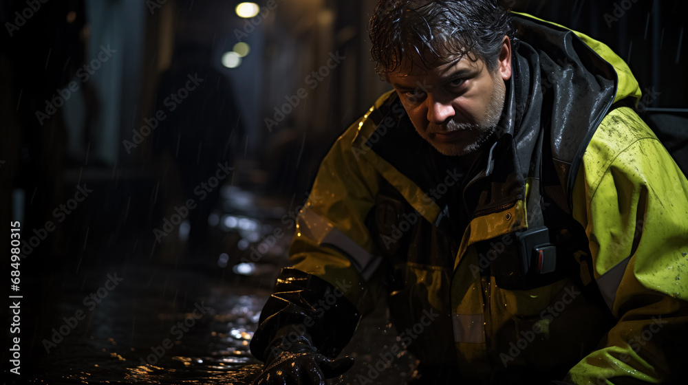 Wet worker in reflective gear on rainy street.