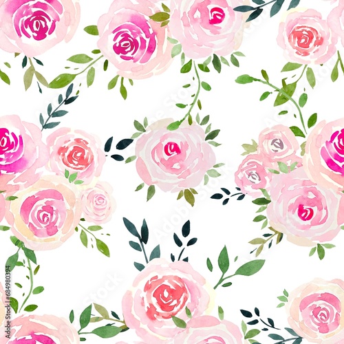 Seamless floral pattern with delicate roses and leaves, watercolor © Diasha Art