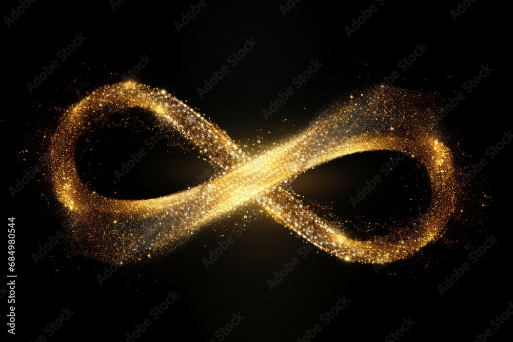 Golden micro particles arranged in the shape of infinite symbol 8 - obrazy, fototapety, plakaty 