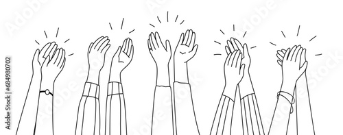Doodle applause hands, isolated vector raised clapping arms in joyous applauding, a universal symbol of appreciation and celebration. An expression of approval and support, hand drawn linear photo