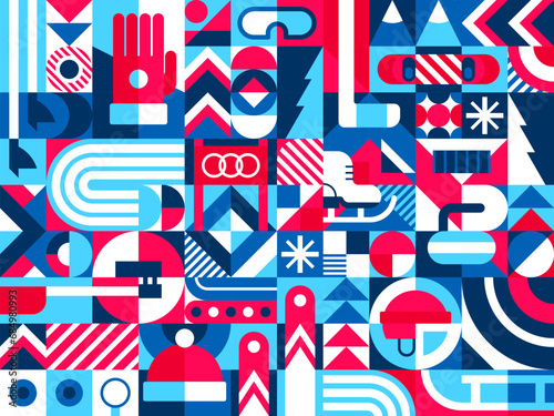 Winter sports Bauhaus modern geometric pattern with clean lines, bold shapes, and vivid colors evoke the spirit of the season. Vector design creating a dynamic and stylish winter sports aesthetics
