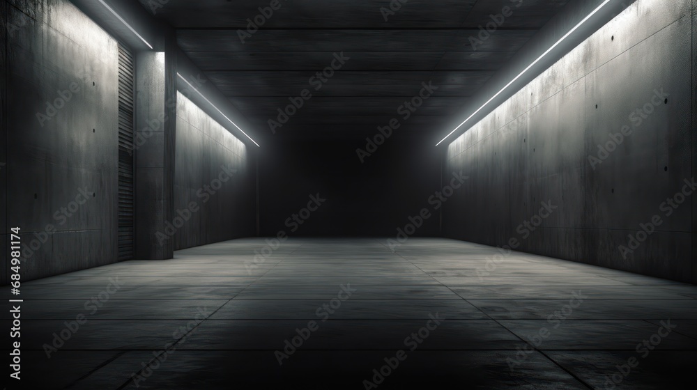 Dark concrete tunnel with LED white lights underground, corridor, cement