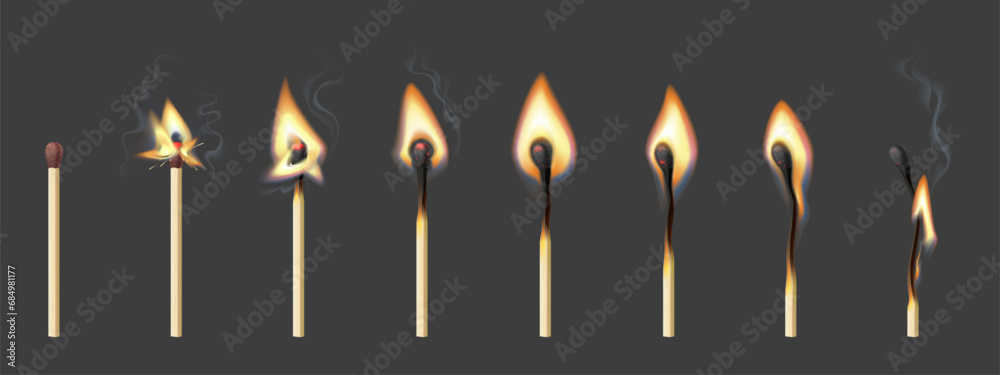 Burning match animation, stages. Realistic 3d vector sequence frame of matchstick ignition from whole to complete combustion and charring. Match stick with normal, and burnt sulphur sprite sheet - obrazy, fototapety, plakaty 