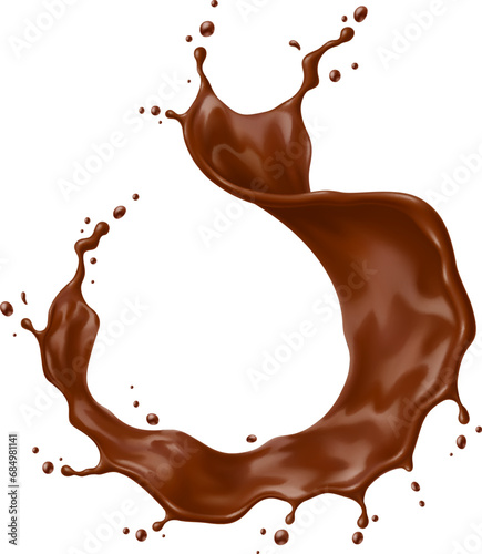 Realistic chocolate yogurt, cream or choco milk drink swirl splash and wave flow. Isolated 3d vector luscious, delightful round cocoa liquid stream, tempting taste buds with its rich, velvety allure