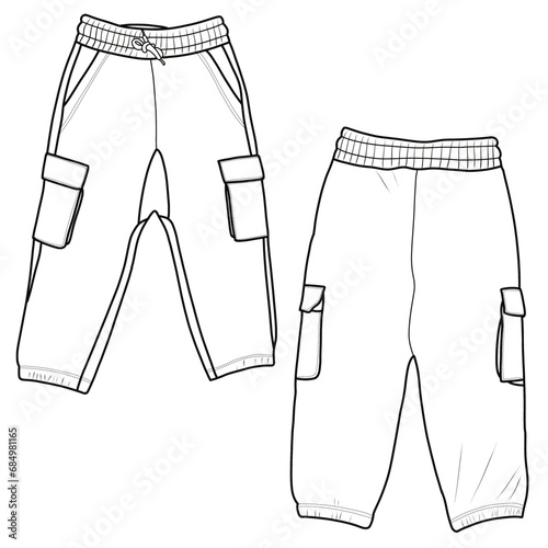 Cargo sweatpants. Utility pockets pants concept with front and back view. Sweatpants for running, jogging, fitness, and activewear pants are designed isolated on a white background.