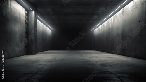 Dark concrete tunnel with LED white lights underground  corridor  cement