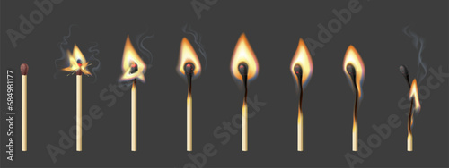 Burning match animation, stages. Realistic 3d vector sequence frame of matchstick ignition from whole to complete combustion and charring. Match stick with normal, and burnt sulphur sprite sheet photo