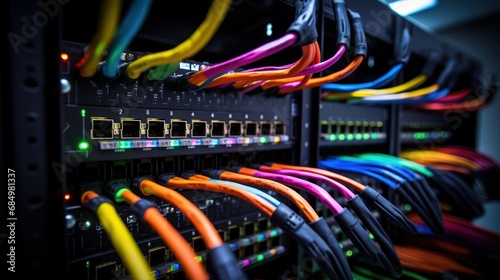 Network cables connected to a black patch panel in a data server room.