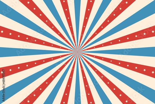 Vintage circus rays background. Vector vibrant retro backdrop, burst of red, blue or white radiating rays and stars, in style of usa flag. A nostalgic explosion of hues that takes you back to the past