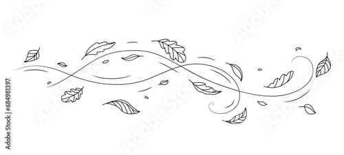 Wind air motion and doodle leaf isolated vector sketchy swirl. Whimsical hand drawn leaves pirouette in the breeze, dance in the gentle caress of playful air motion. Serene symphony of nature artistry