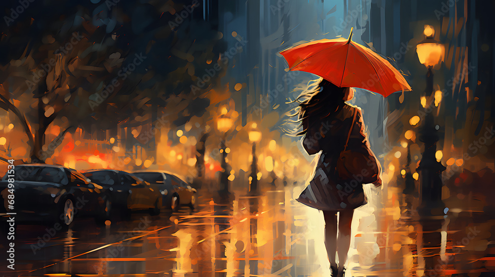 Abstract hurrying girl under umbrella, back view, rainy evening, lifestyle in modern city, autumn weather. generative ai.