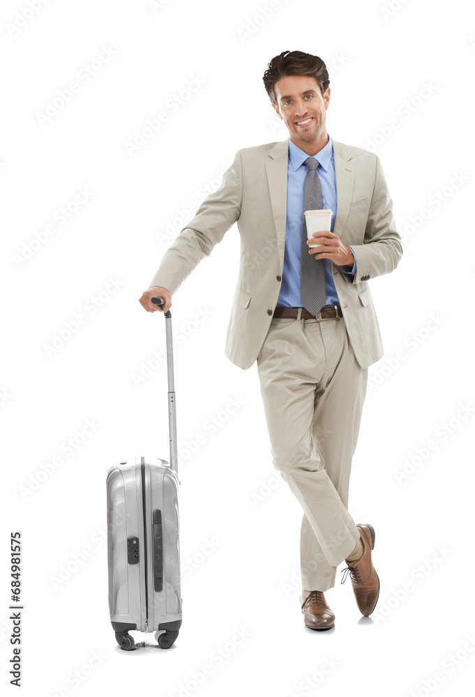 Travel, portrait of businessman with suitcase and coffee isolated on transparent png background. Business salesman, office worker or happy man with professional career, luggage and morning commute Travel, portrait of businessman with suitcase and coffee isolated on transparent png background. Business salesman, office worker or happy man with professional career, luggage and morning commute
