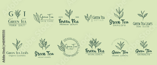 Green tea minimal emblem, natural organic cosmetics. Vector set of serene, leafy labels embodying purity and essence of nature, enhancing the allure of eco-friendly beauty skincare product or extracts