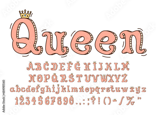 Queen font, princess type, royal typeface, english alphabet with golden crowns, exudes regal elegance with ornate, cute cartoon pink letters. Graceful, swirly characters conveying sense of enchantment