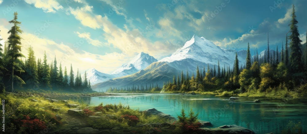 The water shimmered underneath the clear blue sky as the summer sun cast a gentle, golden light upon the breathtaking landscape of the forest, with its vibrant green leaves signaling the arrival of