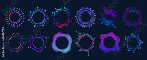 Music equalizers and sound waves. Vector set of radial curves represent variations in air pressure that create audible vibrations in different frequency ranges. Multicolor neon soundwave audio circles