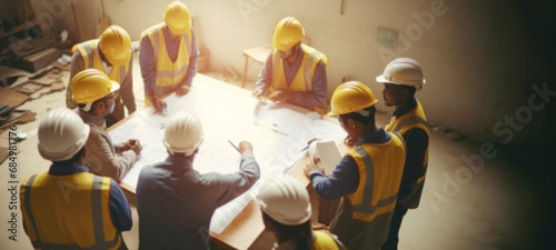 Team of engineers and architects meeting, discussing, designing, planning, safety equipment inspecting working with blueprints, engineering Buildings, construction and architecture, blurred image photo