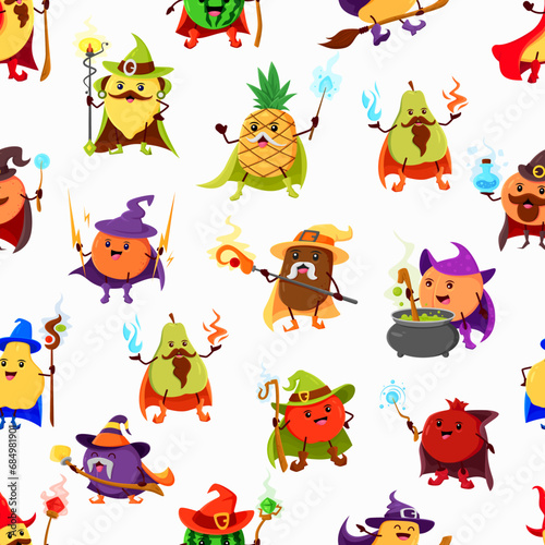 Cartoon fruits wizard or mage characters seamless pattern. Vector tile background with lemon, pineapple, pear and quince. Kiwi, orange, peach or garnet with apple, plum watermelon, orange or mango
