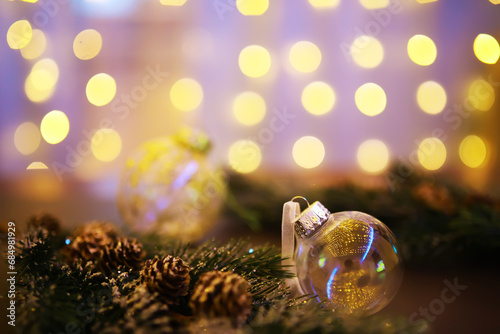 Snow Ball With Christmas Tree And Lights On Winter Background