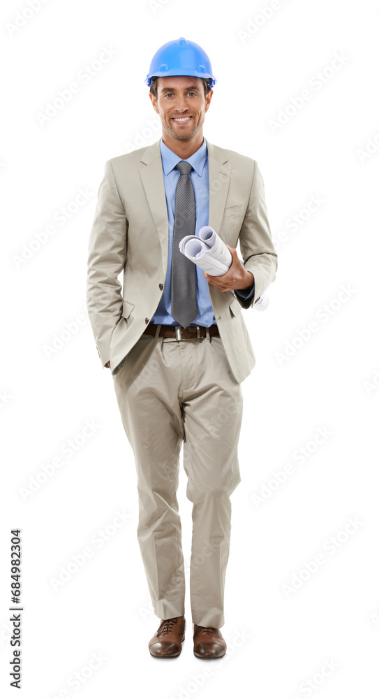Professional man, portrait and blueprint for architecture, project management and construction or design planning. Engineering person in suit with floor plan isolated on a transparent PNG background