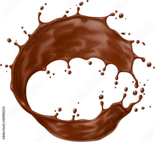 Realistic chocolate yogurt, cream or choco milk drink swirl splash and wave flow. Isolated 3d vector round liquid frame, delectable splashing border cascades with smooth and indulgent allure