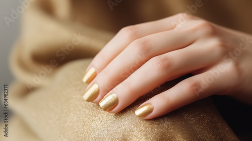 Glamour woman hand with golden nail polish on her fingernails. Golden nail manicure with gel polish at a luxury beauty salon. Nail art and design. Female hand model. French manicure. photo
