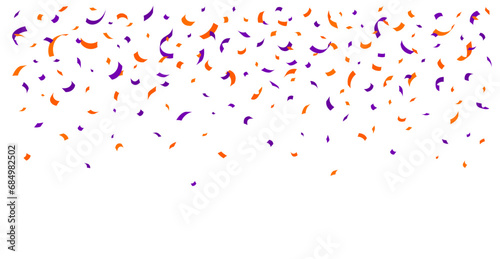 Halloween holiday confetti background. Vector orange and purple vibrant falling paper pieces cascade adding a festive touch to carnival celebrations. Colorful burst of fun and excitement in the air